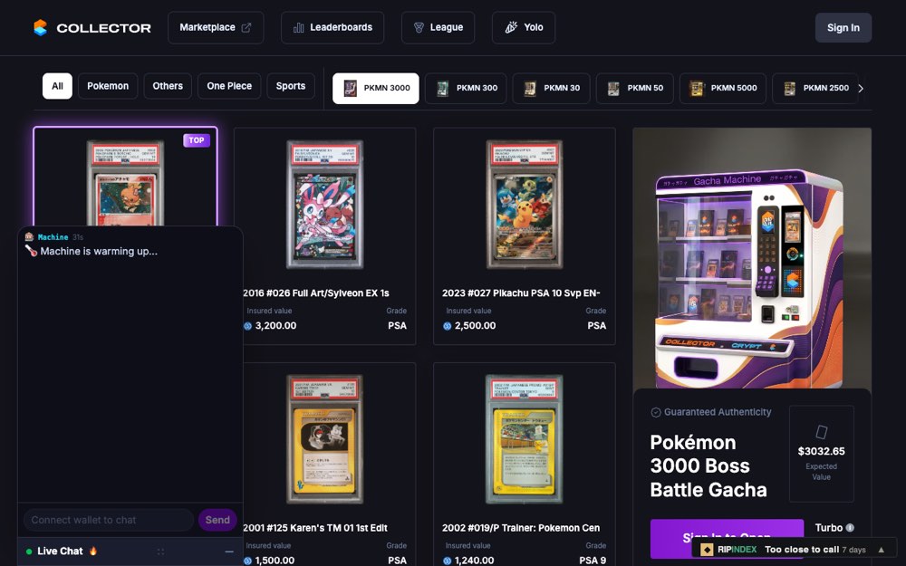 The collapsed RipIndex pill in the corner of a Collector Crypt machine page, reading Too close to call, 7 days.