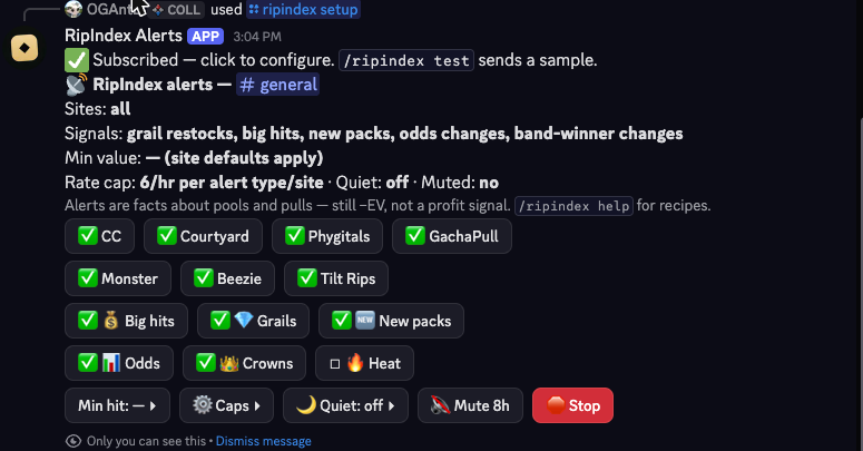 RipIndex settings panel in Discord: a toggle button for each site (CC, Courtyard, Phygitals, GachaPull, Monster, Beezie, Tilt Rips) and each signal (Big hits, Grails, New packs, Odds, Crowns, Heat), plus Min hit, Caps, Quiet and Mute controls.
